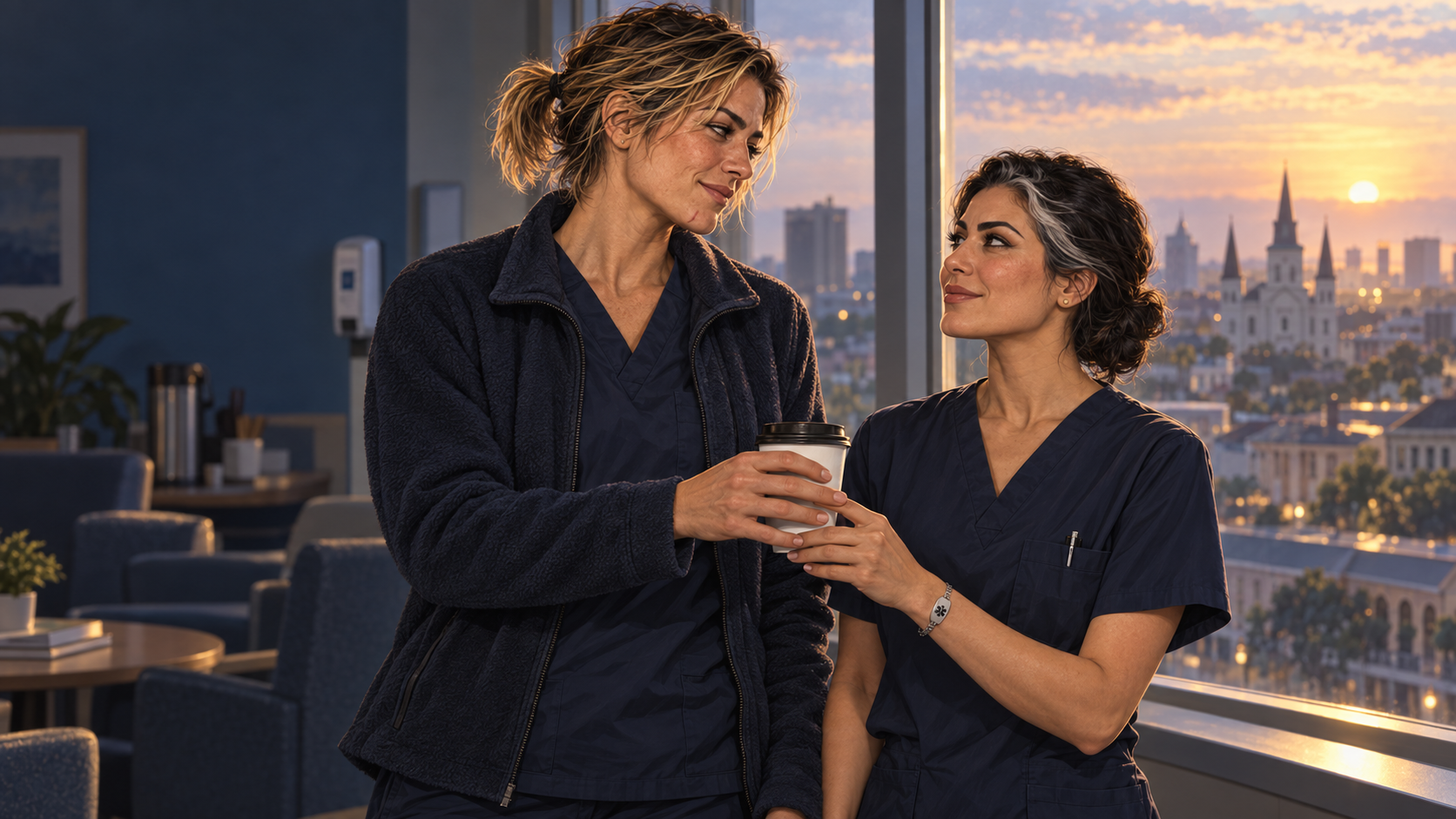 Tess and Noor share a coffee and a lingering look as dawn breaks over New Orleans.